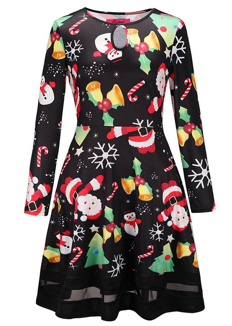 Women's Christmas Santa Claus Print Hollow Front Long Sleeve Dress