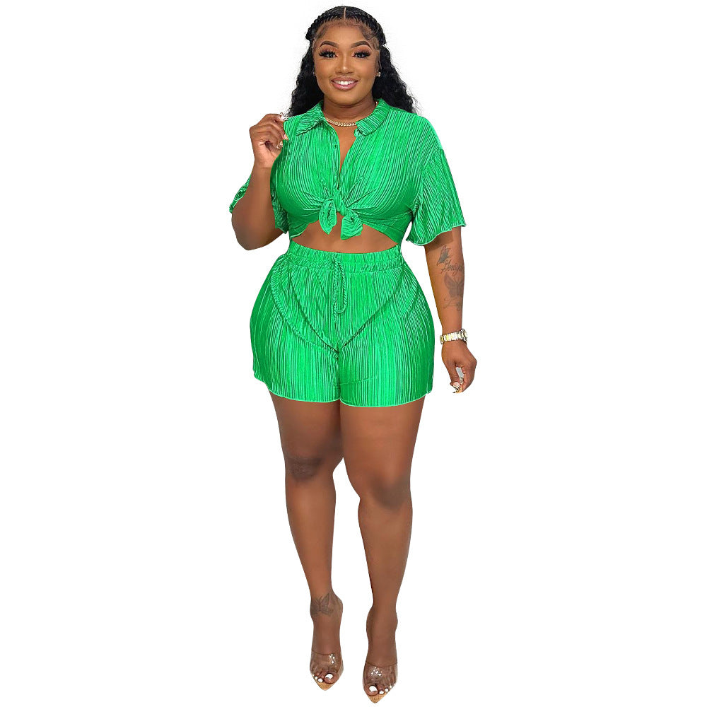 Women's Sexy Fashion Pleated Cloth Casual Shorts Short Sleeves Two-Piece Set
