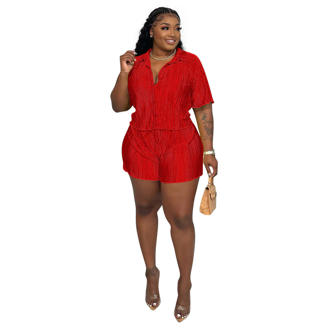 Women's Sexy Fashion Pleated Cloth Casual Shorts Short Sleeves Two-Piece Set