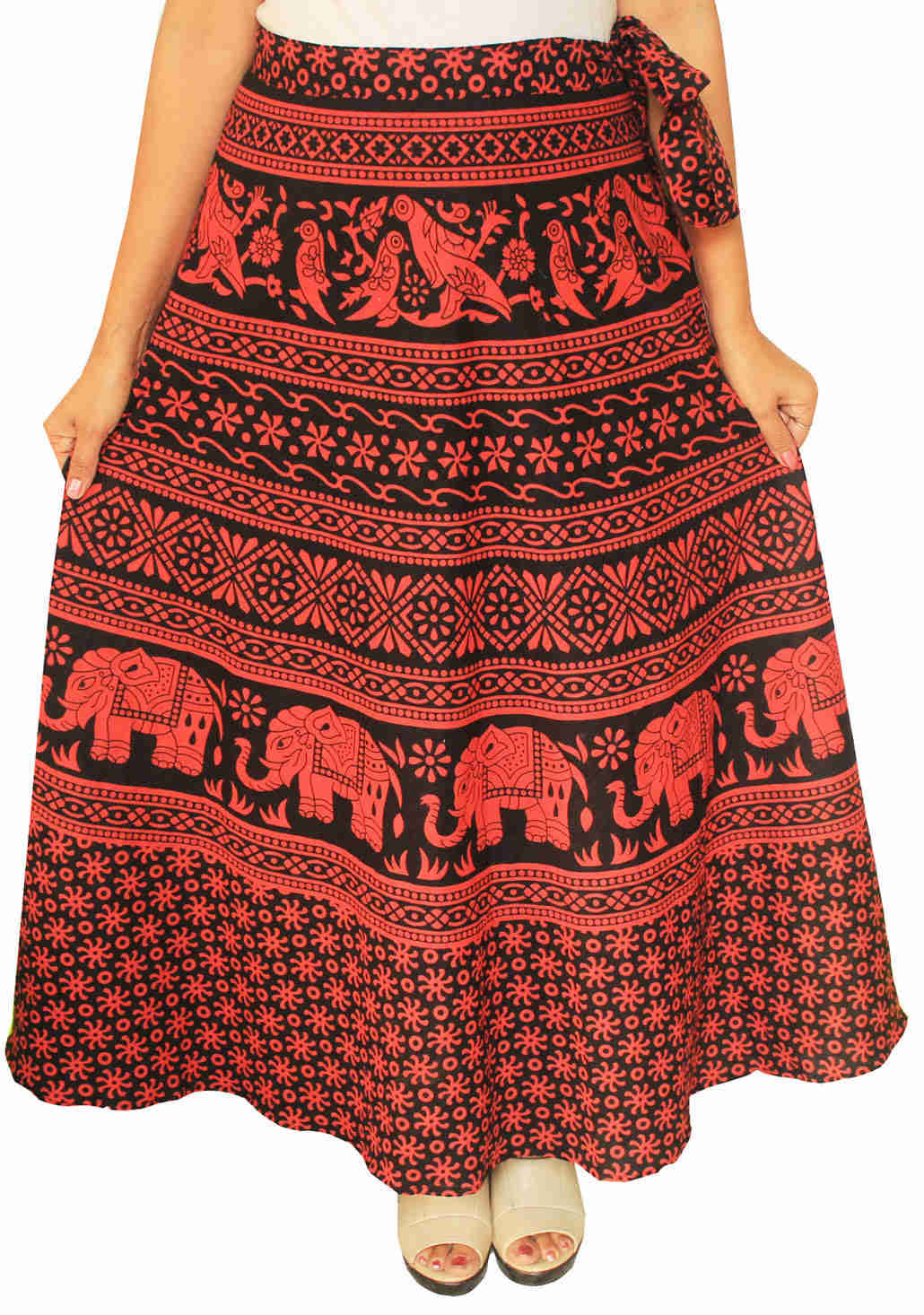 Cotton Wrap Around Long Skirt for Women - Hand Block Printed (Red)