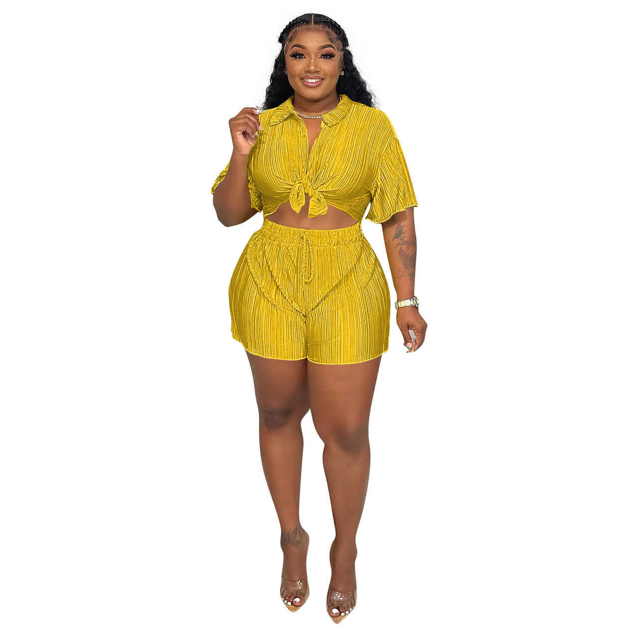 Women's Sexy Fashion Pleated Cloth Casual Shorts Short Sleeves Two-Piece Set