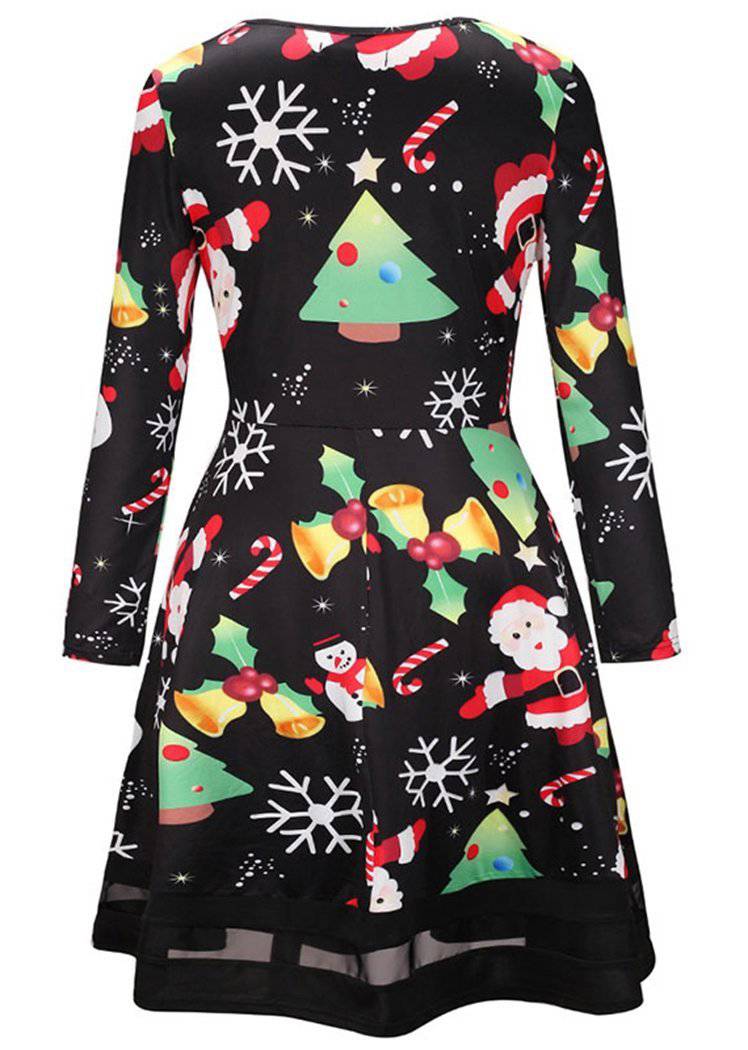 Women's Christmas Santa Claus Print Hollow Front Long Sleeve Dress