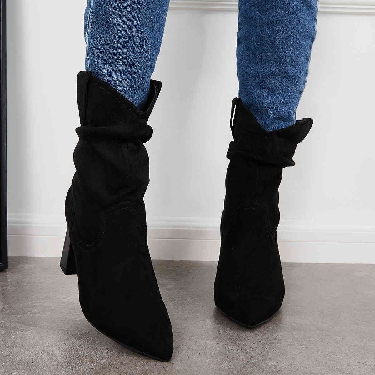 Slouchy Mid Calf Western Boots with Pointed Toe and Chunky Heel