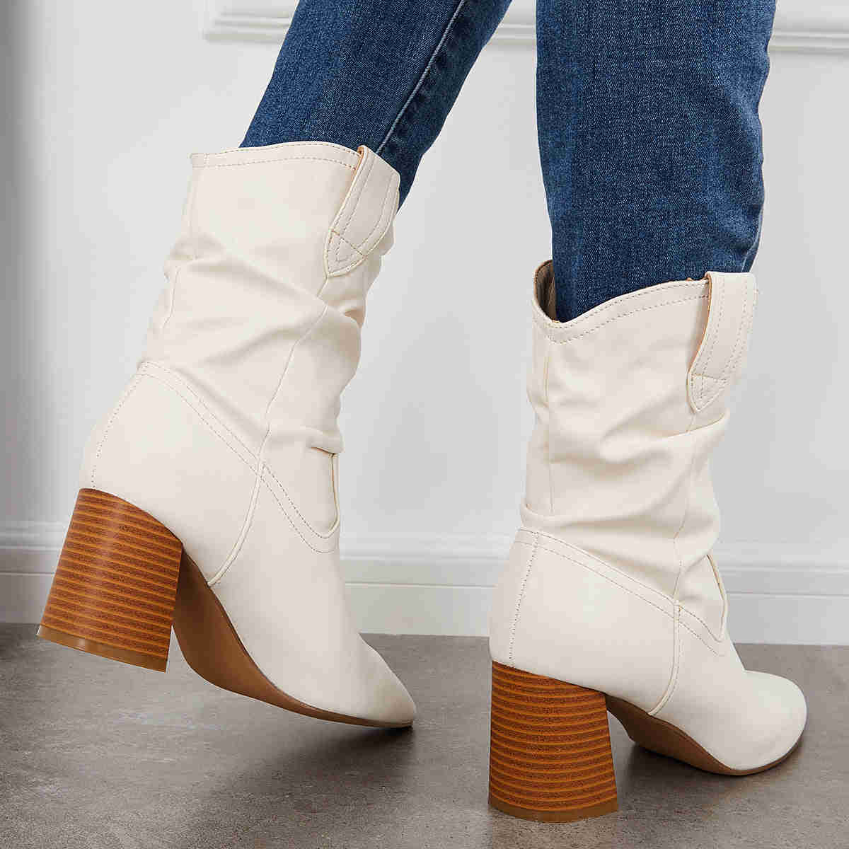 Slouchy Mid Calf Western Boots with Pointed Toe and Chunky Heel