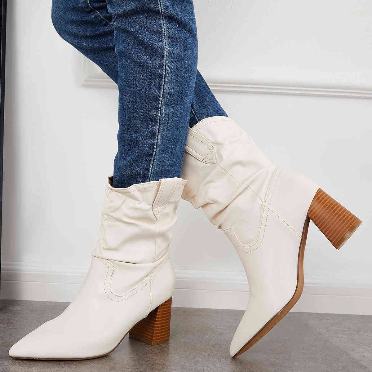 Slouchy Mid Calf Western Boots with Pointed Toe and Chunky Heel