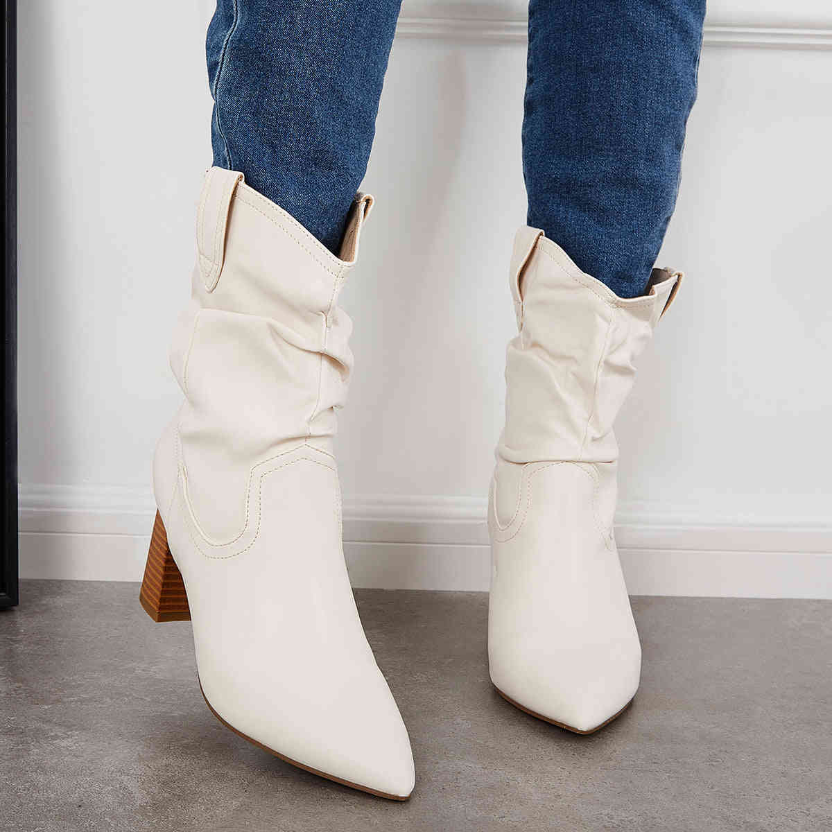 Slouchy Mid Calf Western Boots with Pointed Toe and Chunky Heel