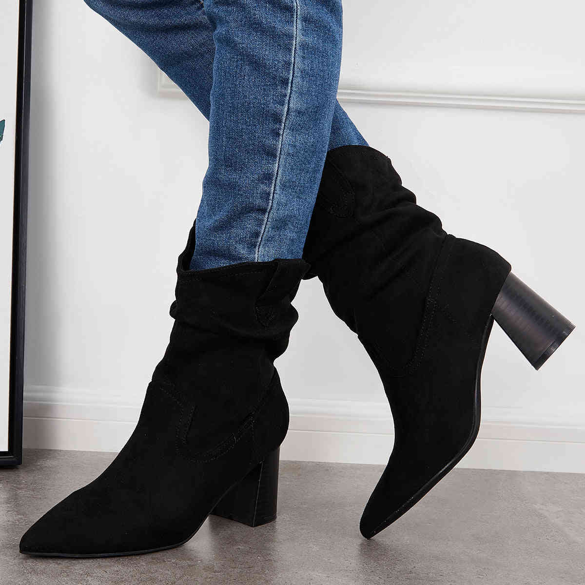 Slouchy Mid Calf Western Boots with Pointed Toe and Chunky Heel