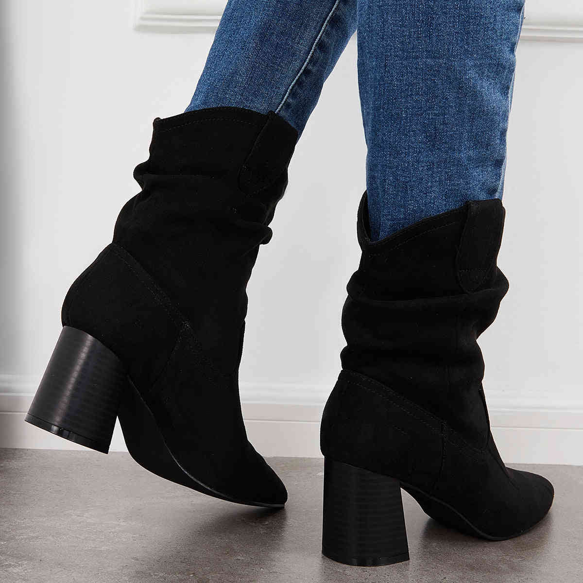 Slouchy Mid Calf Western Boots with Pointed Toe and Chunky Heel