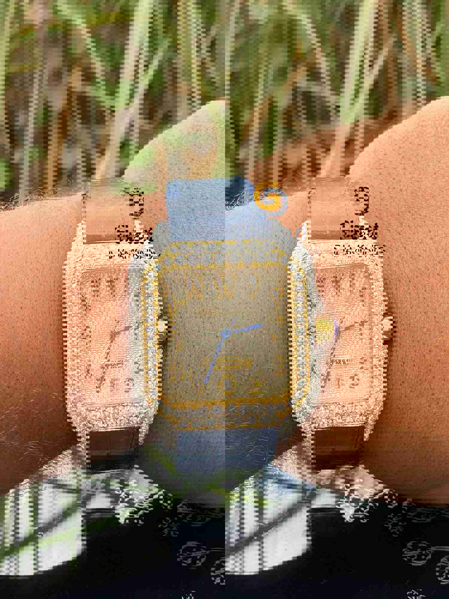 Royal Blue Leather Strap Two Tone Iced Moissanite Studded Watch