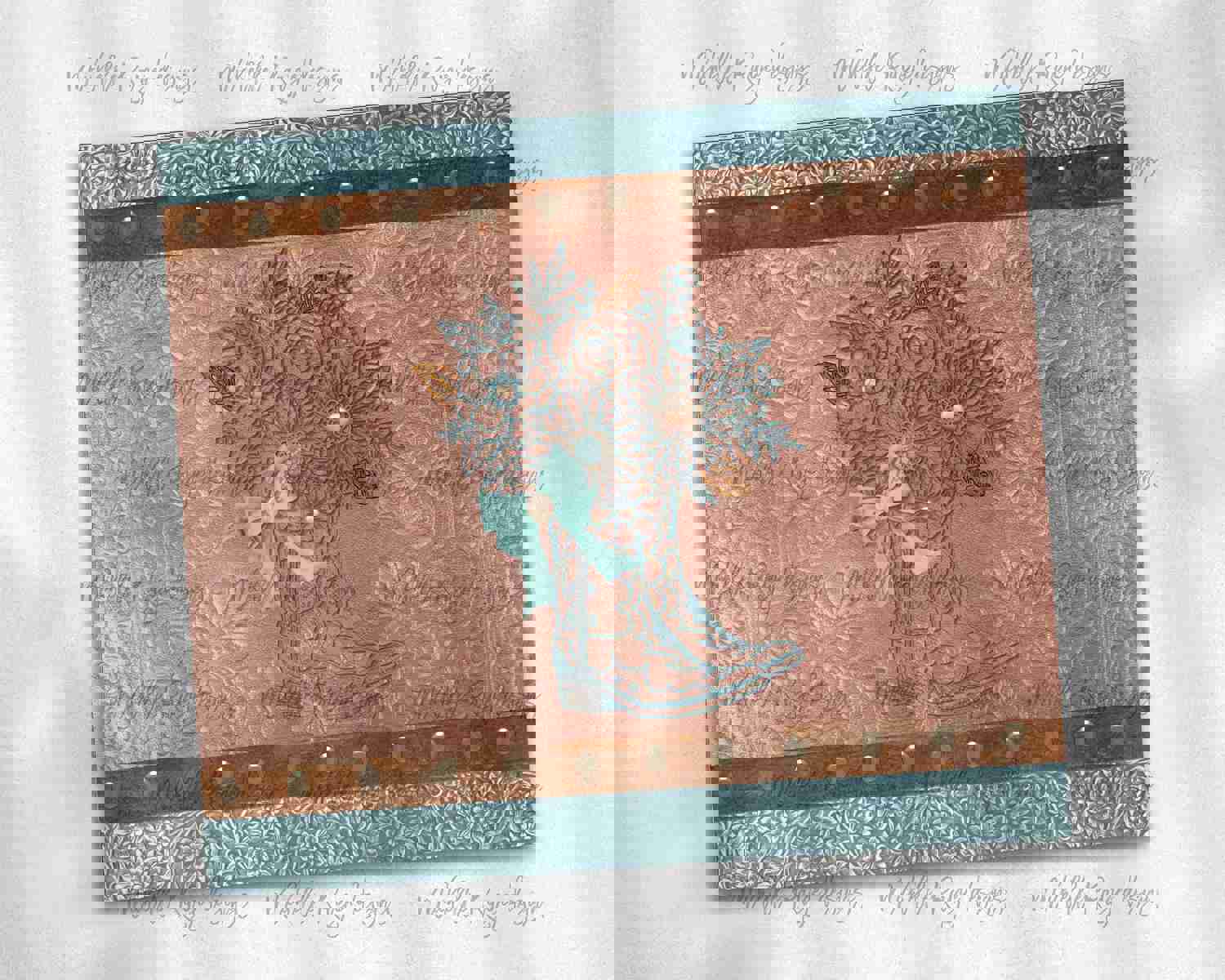 Tooled Leather Cowgirl Rust Brown Teal Boot with Bow - Digital Design Files