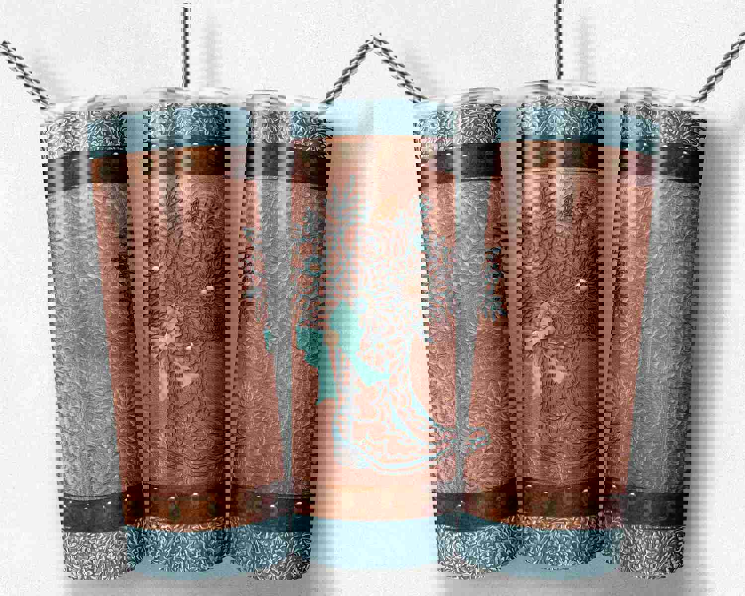 Tooled Leather Cowgirl Rust Brown Teal Boot with Bow - Digital Design Files