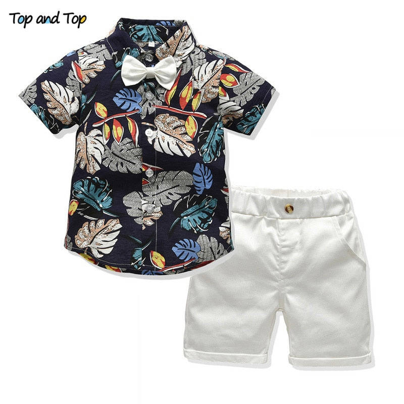 Top and Top Children Boy Summer Clothing Set - Short Sleeve Printed Shirt and Shorts 2Pcs Suit