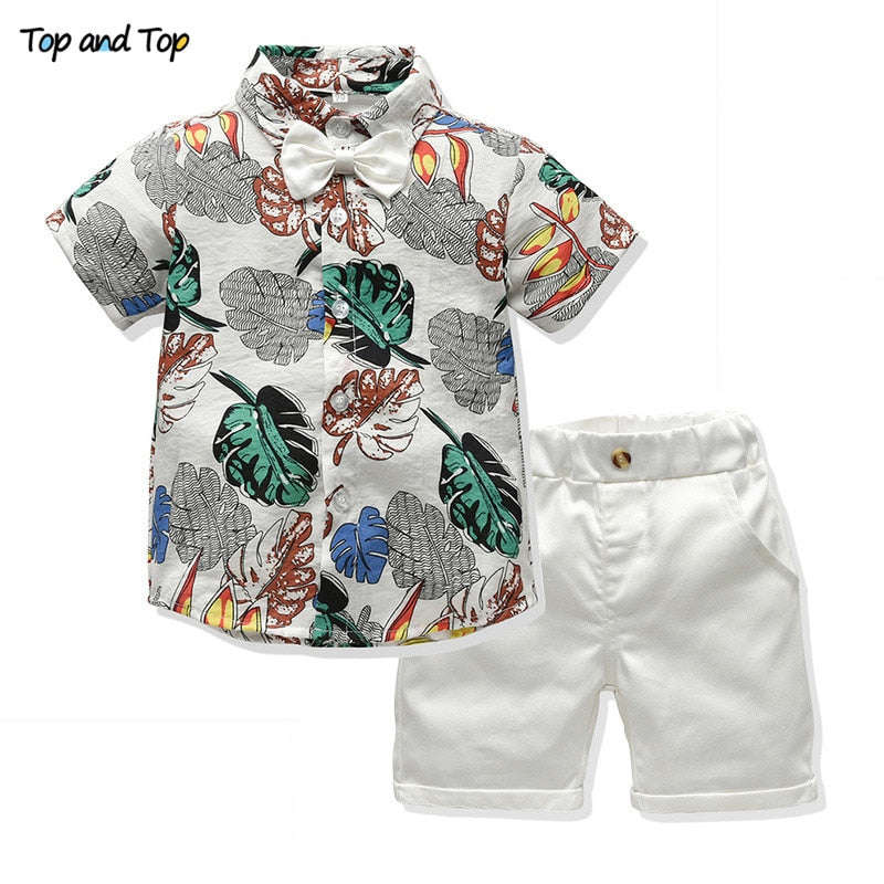 Top and Top Children Boy Summer Clothing Set - Short Sleeve Printed Shirt and Shorts 2Pcs Suit
