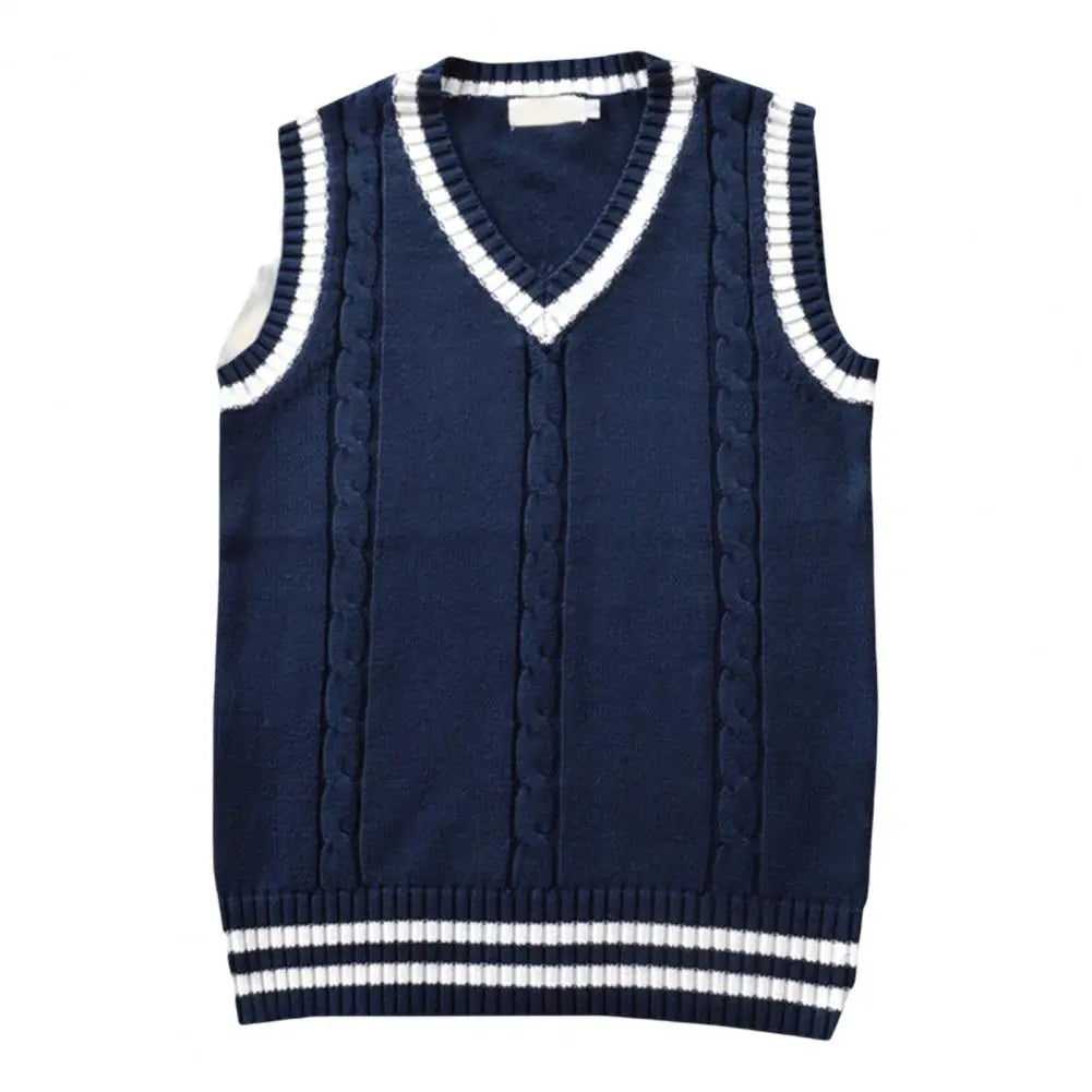 British Style V Neck Sleeveless Ribbed Trim Sweater Vest Patchwork Color Twist Unisex Knitted Vest