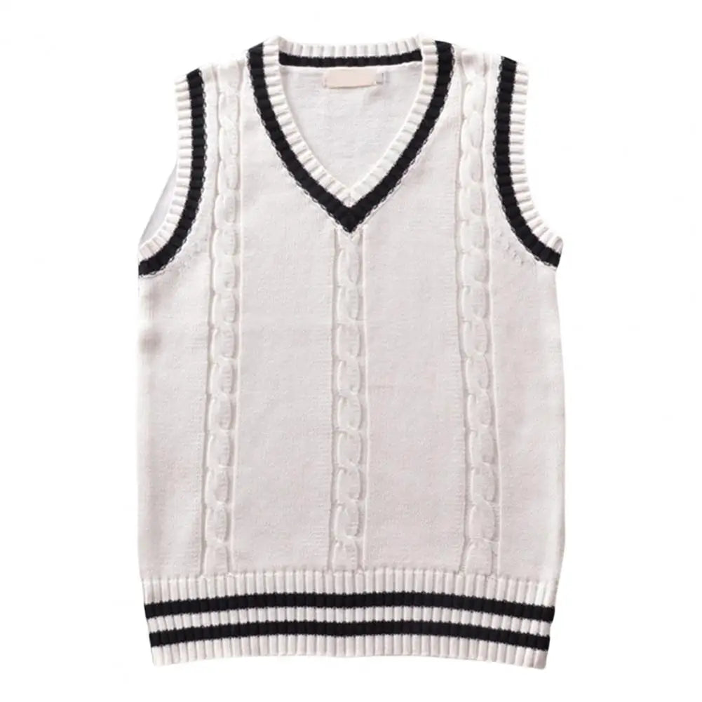 British Style V Neck Sleeveless Ribbed Trim Sweater Vest Patchwork Color Twist Unisex Knitted Vest