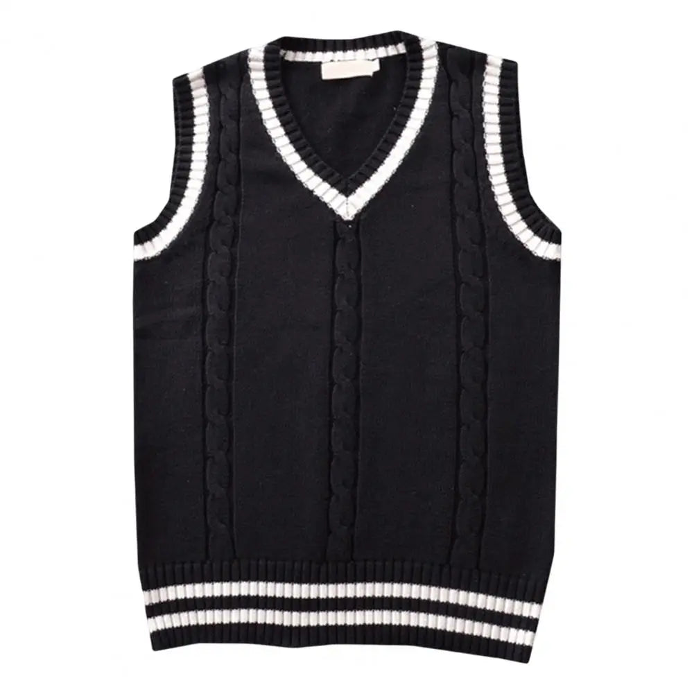 British Style V Neck Sleeveless Ribbed Trim Sweater Vest Patchwork Color Twist Unisex Knitted Vest