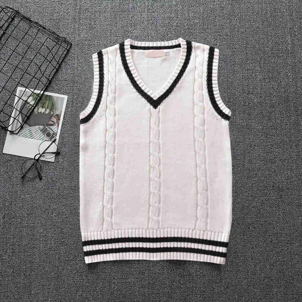 British Style V Neck Sleeveless Ribbed Trim Sweater Vest Patchwork Color Twist Unisex Knitted Vest
