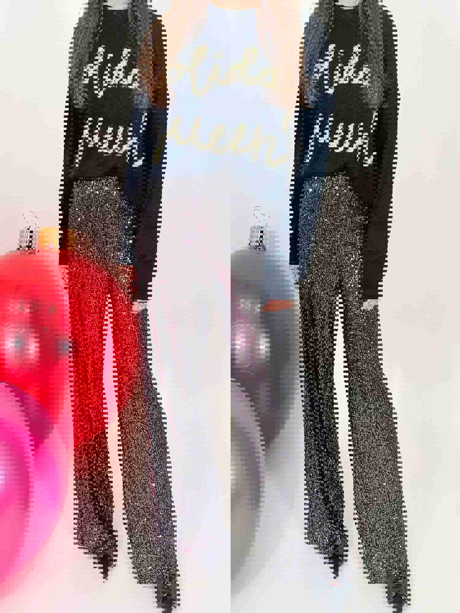 Glitz Sequin Wide-Leg Pants - Black