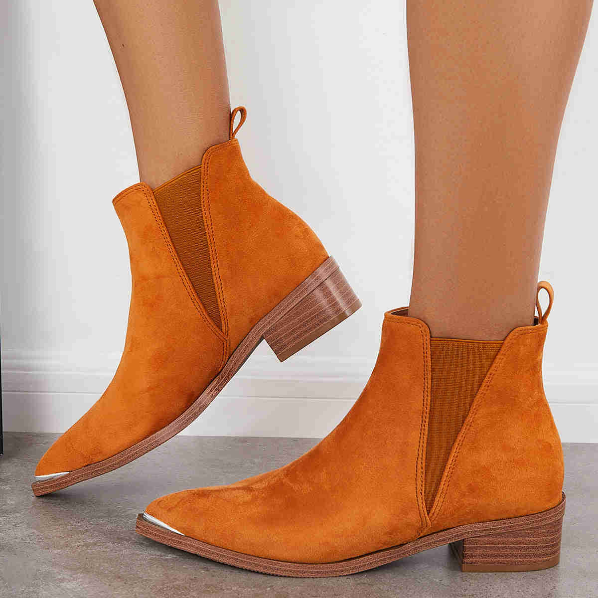 Women's Pointed Toe Western Ankle Boots with Chunky Heel