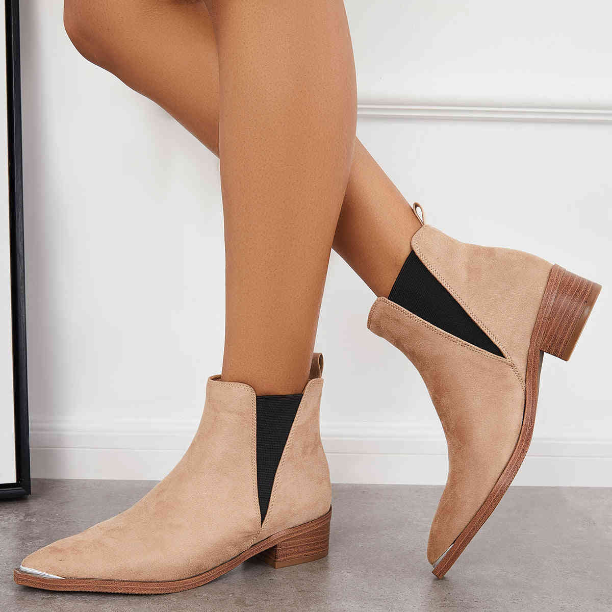 Women's Pointed Toe Western Ankle Boots with Chunky Heel