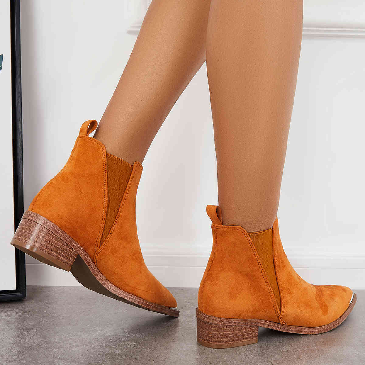 Women's Pointed Toe Western Ankle Boots with Chunky Heel