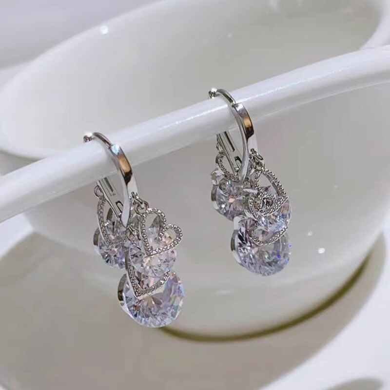 Elegant Heart-Shaped Zircon Drop Earrings for Women - Korean Style Jewelry