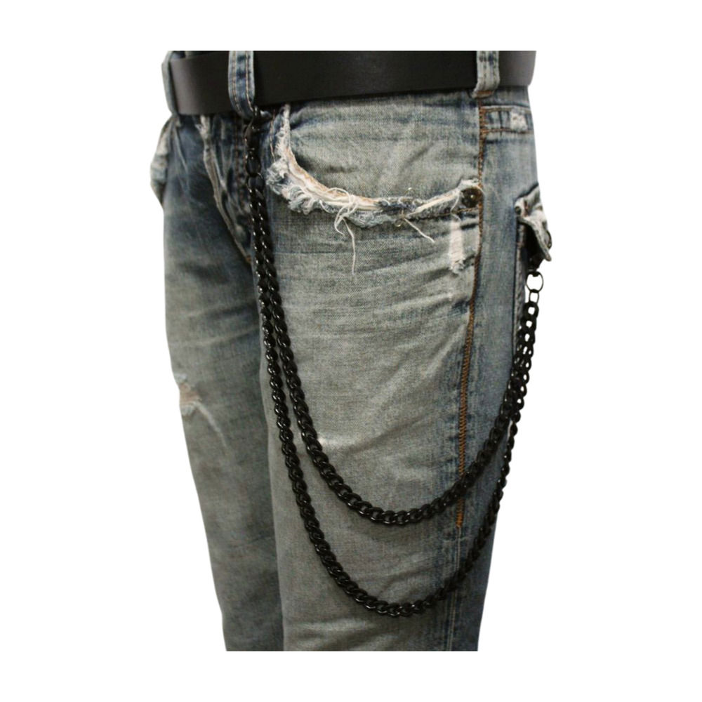 Men's Black Metal Wallet Chain with Dual Strands Keychain and Jeans Loop Clasp Ring