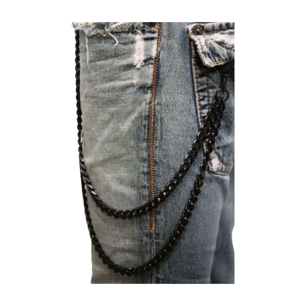 Men's Black Metal Wallet Chain with Dual Strands Keychain and Jeans Loop Clasp Ring