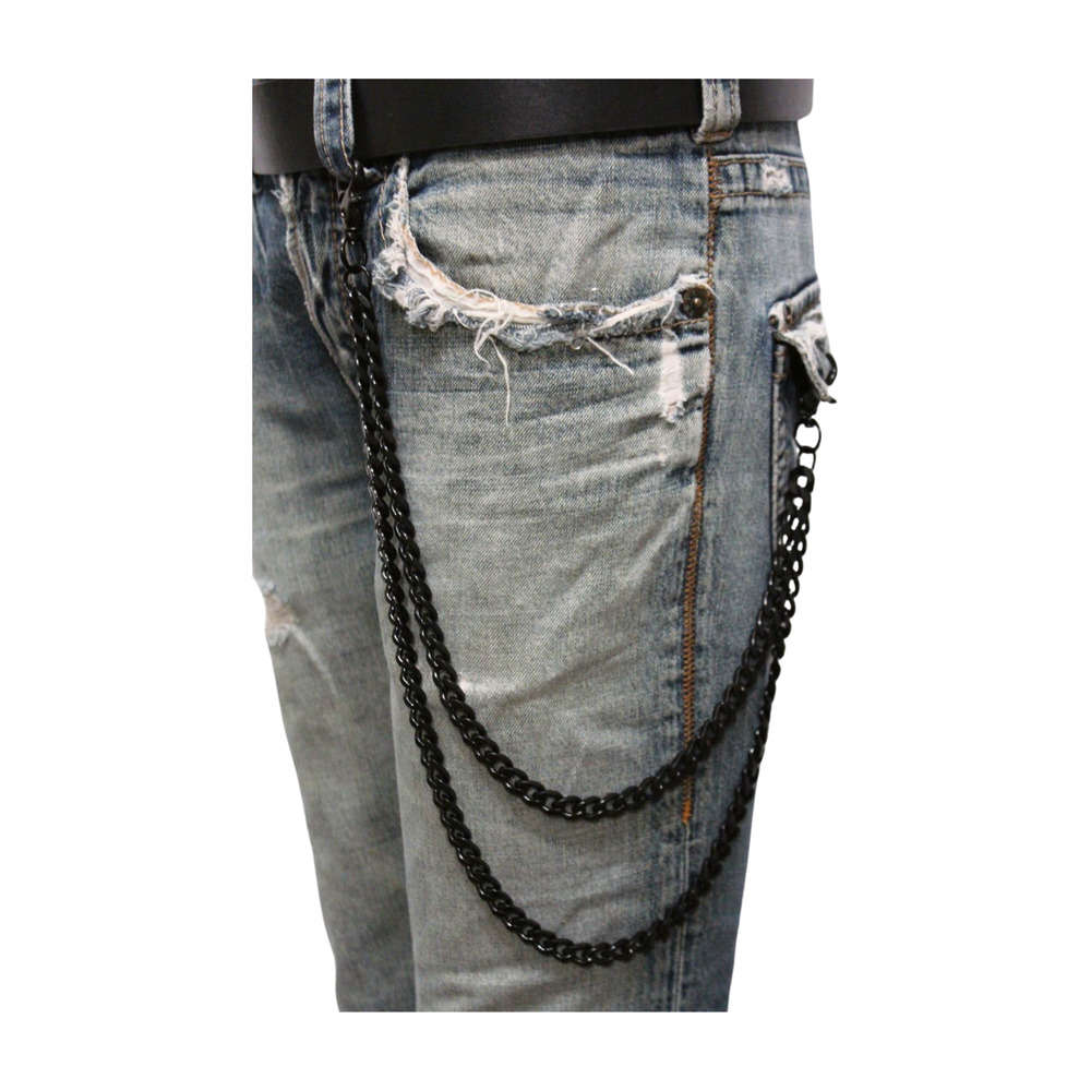 Men's Black Metal Wallet Chain with Dual Strands Keychain and Jeans Loop Clasp Ring