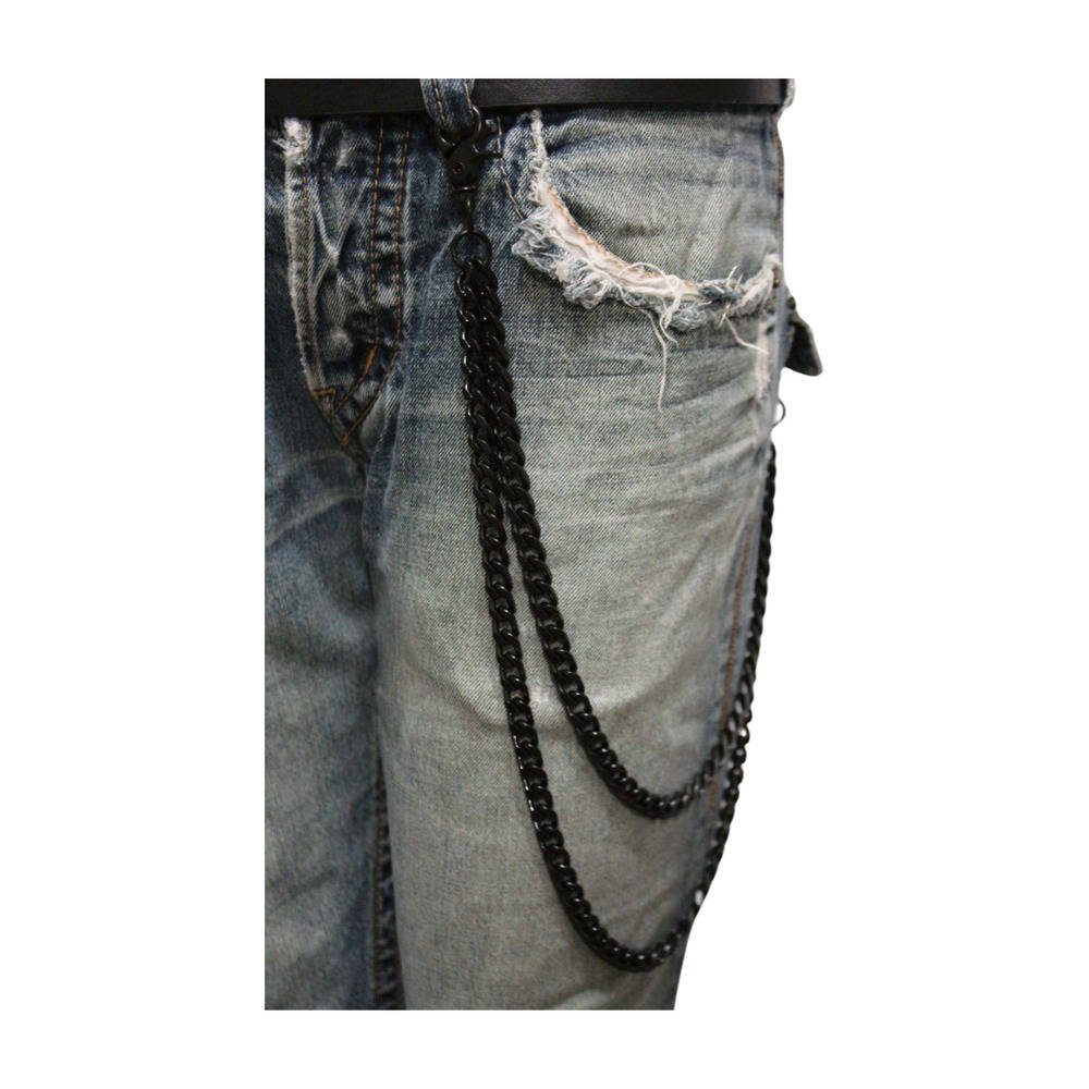 Men's Black Metal Wallet Chain with Dual Strands Keychain and Jeans Loop Clasp Ring