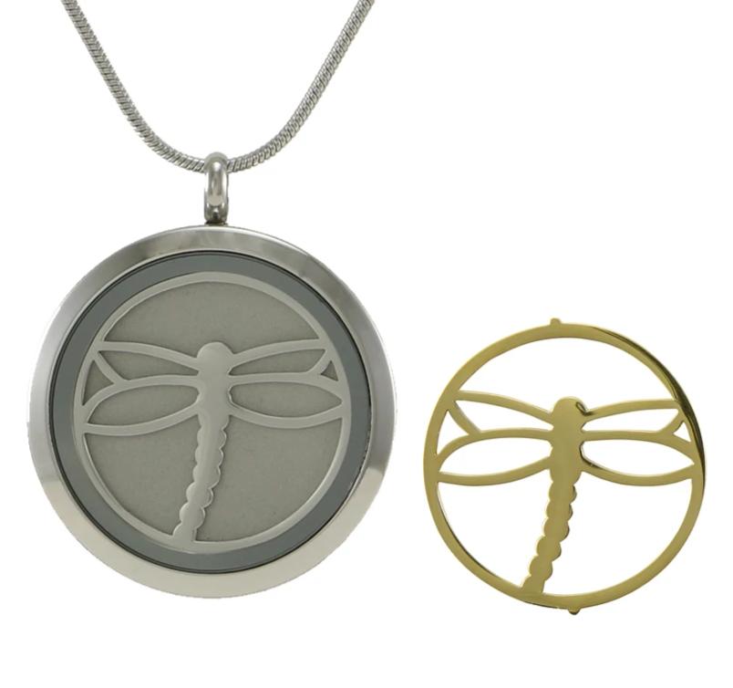 Round Pendant Dragonfly Necklace Cremation Jewelry with 2 Inserts